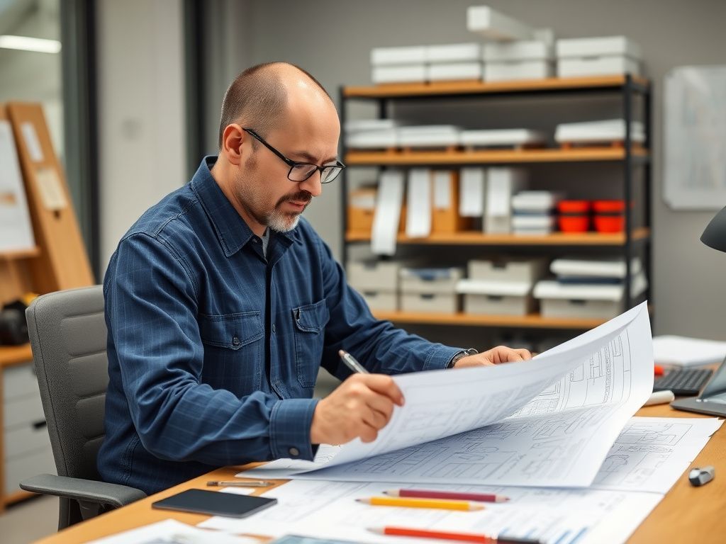 Engineer reviewing technical drawings at desk