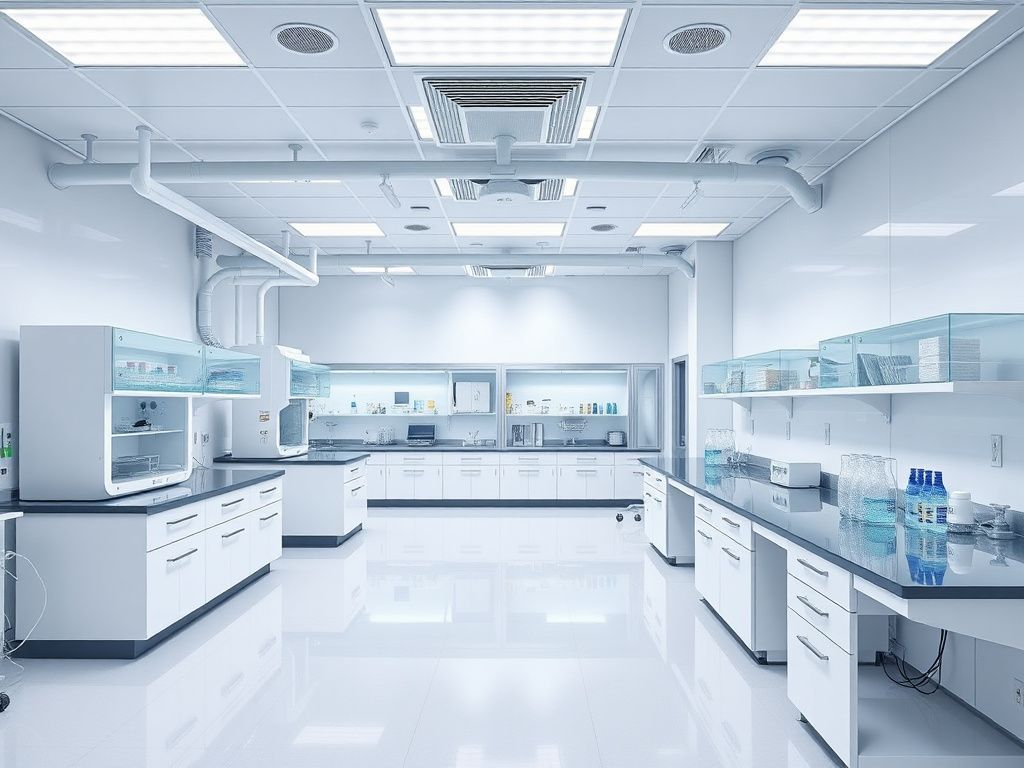 Bright modern sterile cleanroom laboratory with workstations