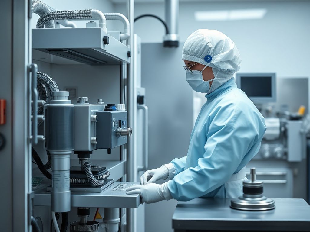 Technician operating industrial cleanroom equipment