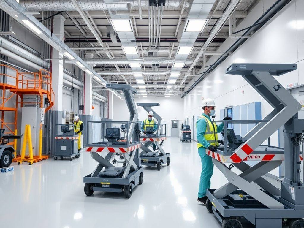 Cleanroom construction workers operating lifts in a modern facility