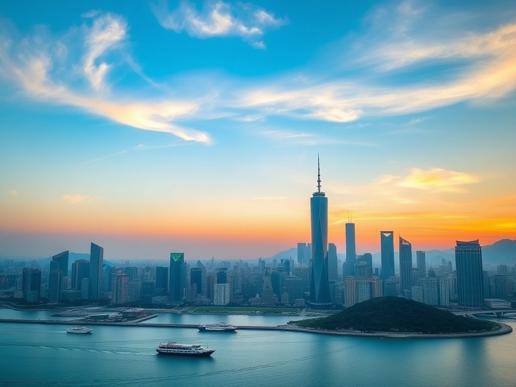 Coastal Chinese city skyline at sunset