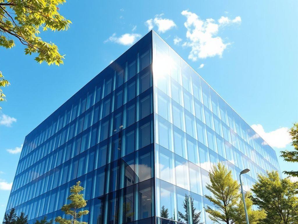 Modern glass office campus building under blue sky