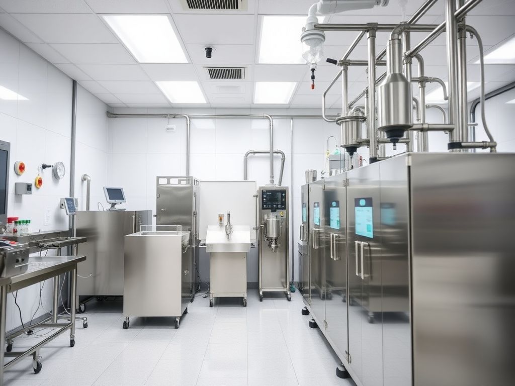 GMP pharmaceutical cleanroom with stainless steel equipment and production line