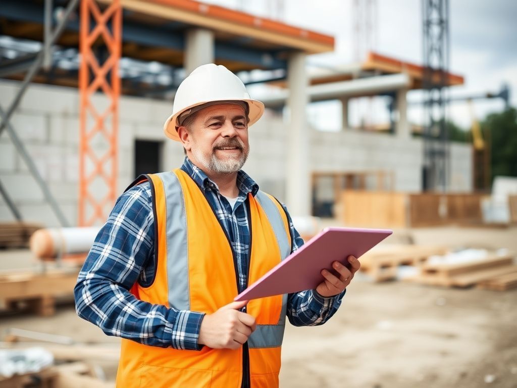 Construction manager in safety vest inspecting site