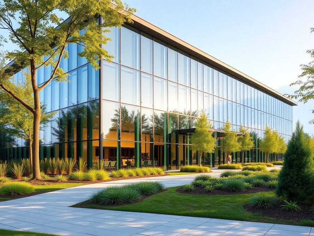 Contemporary glass office building with landscaped grounds