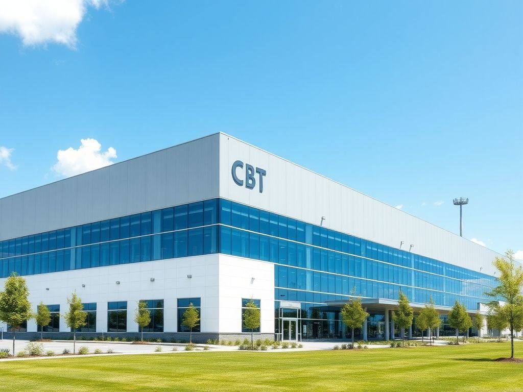 Modern clean industrial campus building under blue sky