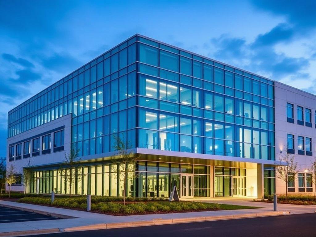 Modern biopharmaceutical research campus exterior